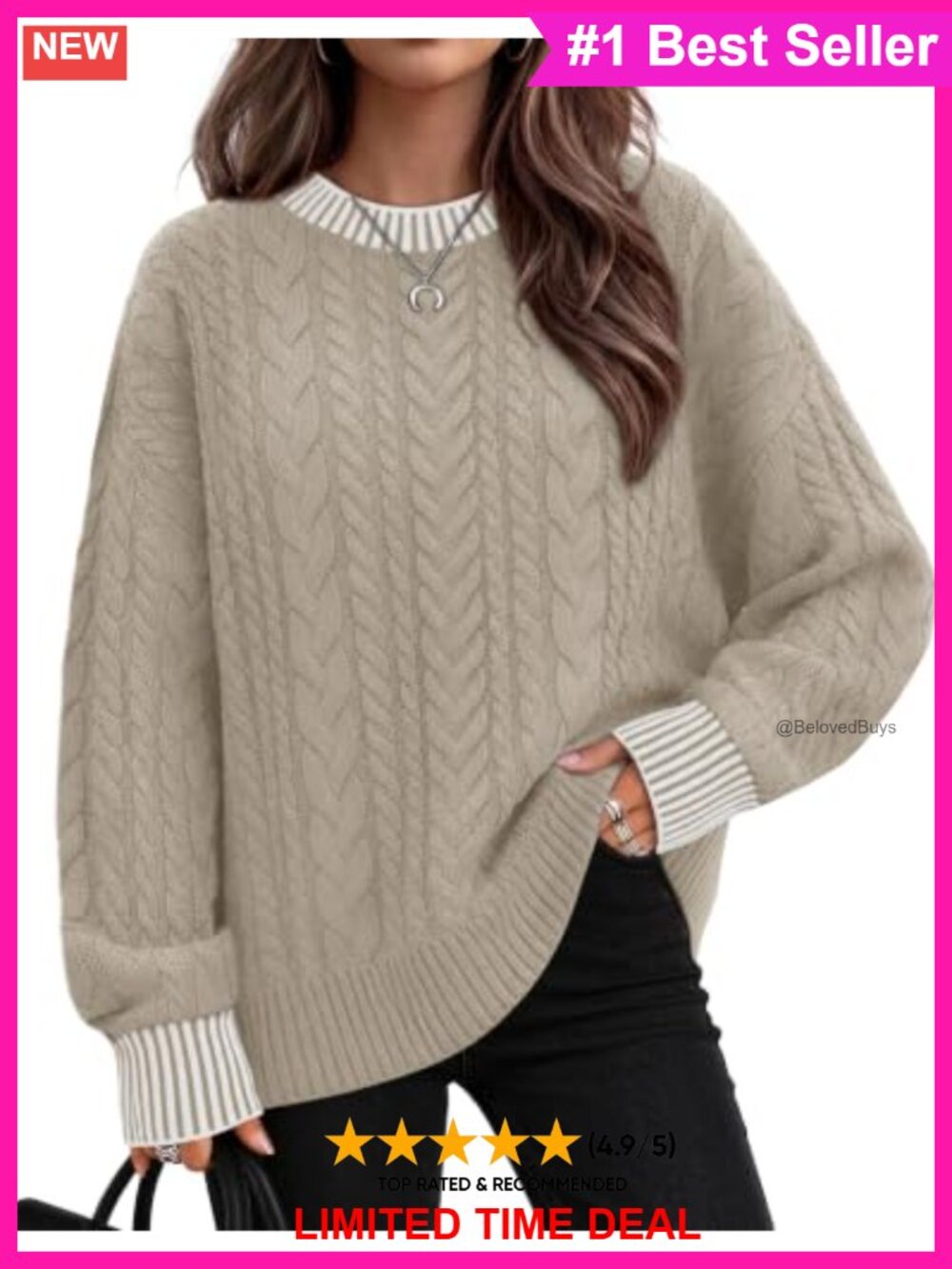 Cable Knit Long Sleeve Pullover Sweater Crew Neck Diamond Pattern Tunic